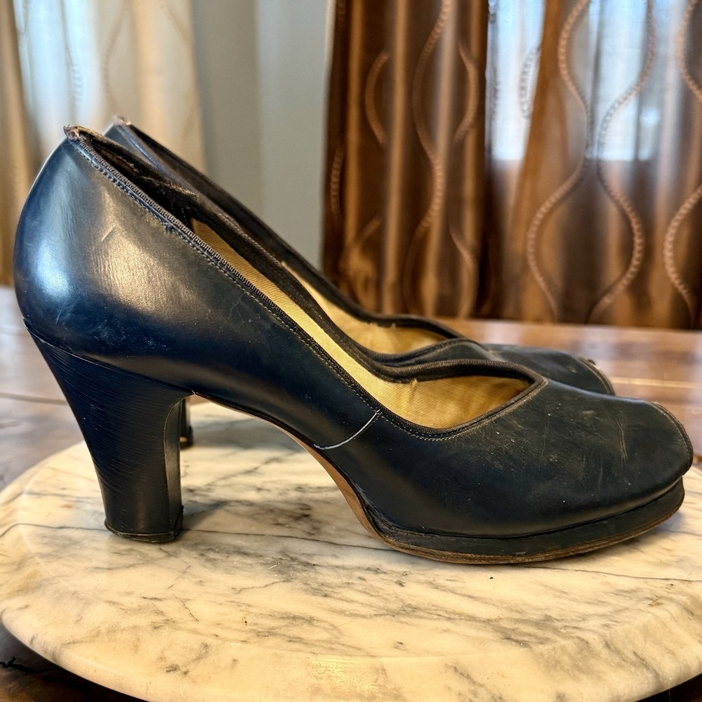 VTG 1940s Navy Blue Leather Peep Toe Rockabilly Swing Dance Shoes Pumps 3" Heels